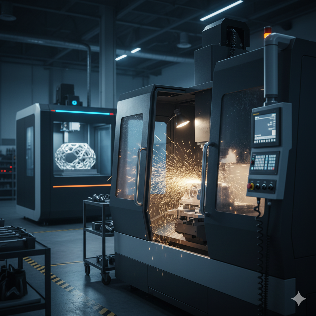 A 3D printed prototype (physical model) sitting next to a computer screen displaying a high-resolution CAD rendering of the same product